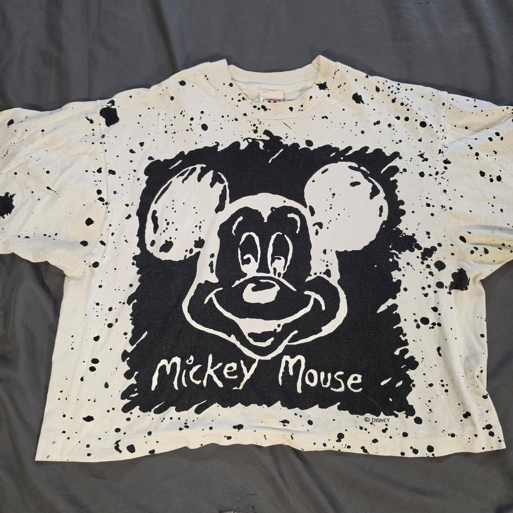 Vtg 90s Disney Wear Mickey Mouse Paint Splatter T-Shirt Made in USA White OSFA